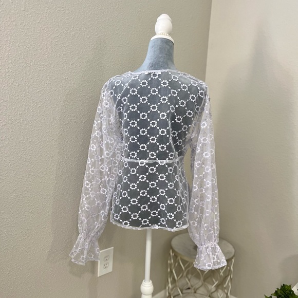 Zara Lilac Sheer Embroidered Floral V-Neck Blouse - Picture 2 of 6